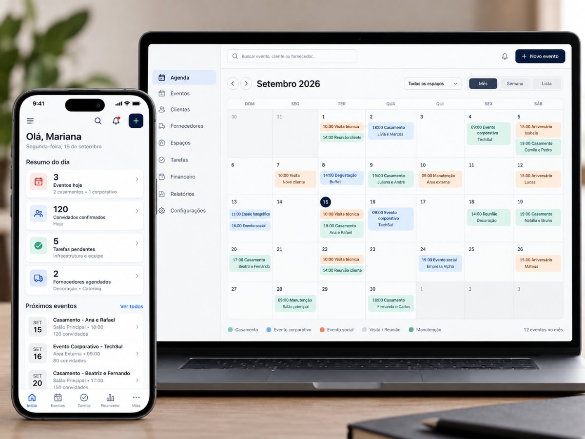 Illustrative rendering of the monthly event schedule on a laptop and a phone, with fictitious data