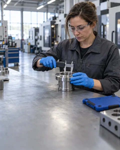 Technician in safety glasses measuring a machined steel part with a digital caliper at a workshop bench