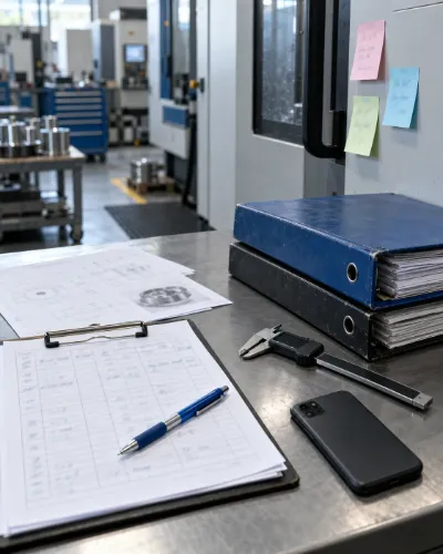 Paper inspection forms on a clipboard, ring binders, a caliper and sticky notes on a machine, on a shop-floor workbench